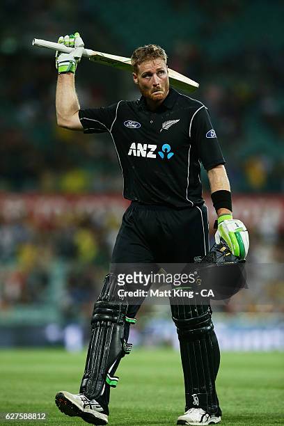 Martin Guptill of New Zealand acknowledges the crowd after being dismissed during game one of the One Day International series between Australia and...