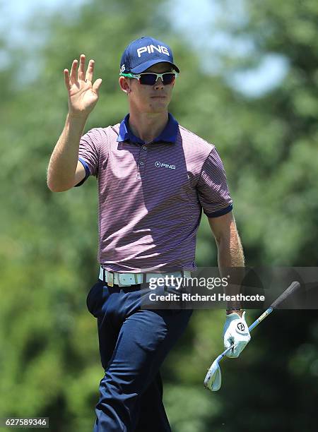Brandon Stone of South Africa reacts to an approach shot on the 14th during the final round of The Alfred Dunhill Championship at Leopard Creek...