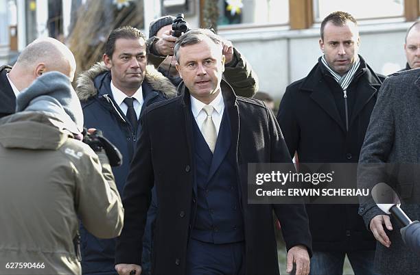 Austrian far-right Freedom Party presidential candidate Norbert Hofer arrives at a polling station to cast his ballot in Pinkafeld, Austria, on...