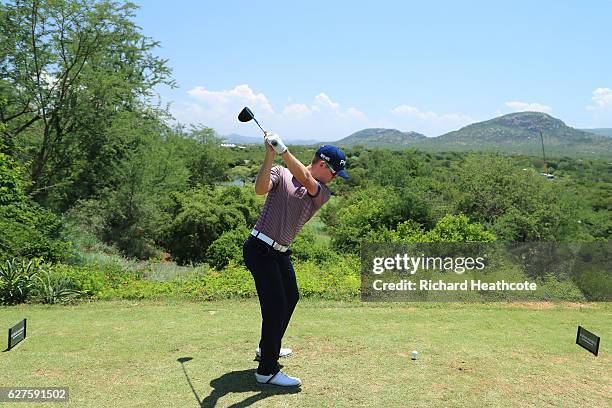 Brandon Stone of South Africa tees off on the 15th during the final round of The Alfred Dunhill Championship at Leopard Creek Country Golf Club on...