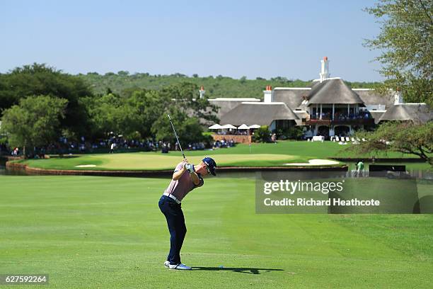 Brandon Stone of South Africa plays his second shot on the 18th during the final round of The Alfred Dunhill Championship at Leopard Creek Country...