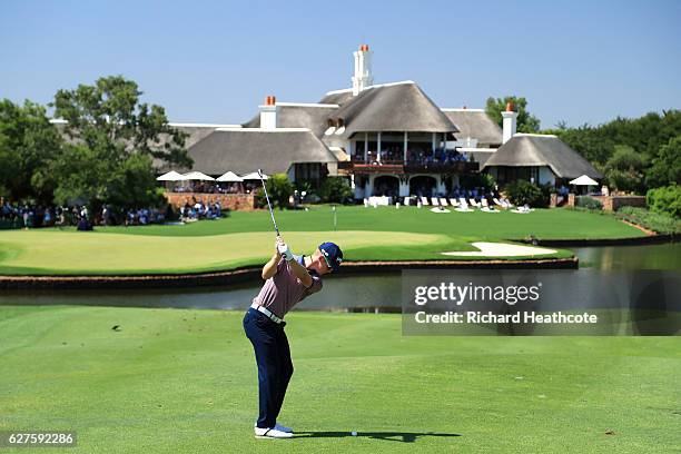 Brandon Stone of South Africa plays his third shot on the 18th during the final round of The Alfred Dunhill Championship at Leopard Creek Country...