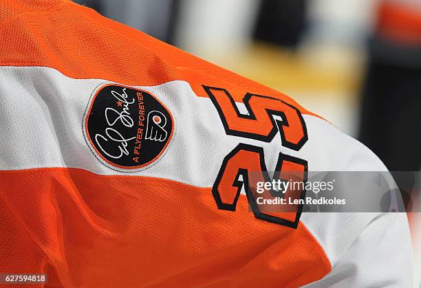 View of the patch for the late Owner Ed Snider of the Philadelphia Flyers that is being worn on the jersey of the players this season, against the...