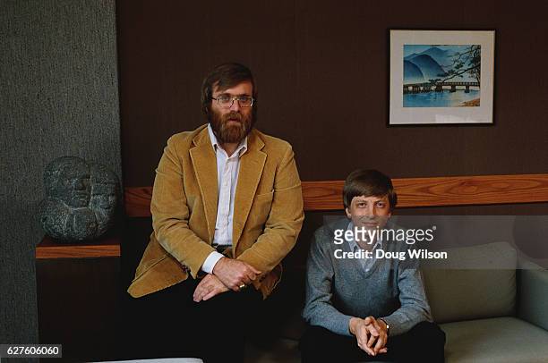 Microsoft Co-founders Bill Gates and Paul Allen pose for a portrait in 1984 in Seattle, Washington.