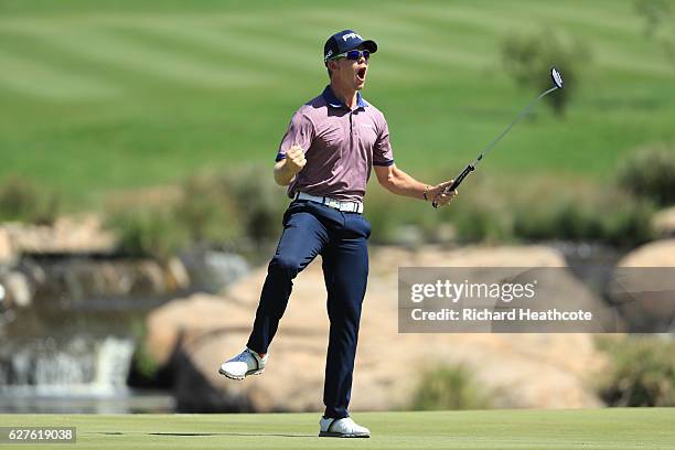 Brandon Stone of South Africa celebrates victory on the 18th green during the final round of The Alfred Dunhill Championship at Leopard Creek Country...