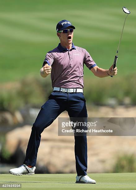 Brandon Stone of South Africa celebrates victory on the 18th green during the final round of The Alfred Dunhill Championship at Leopard Creek Country...
