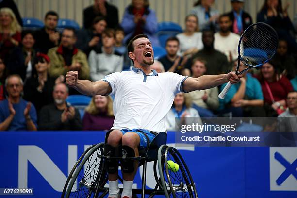 Joachim Gerard of Belgium celebrates after winning the mens final match against Gordon Reid of Great Britain on Day 5 of the NEC Wheelchair Tennis...