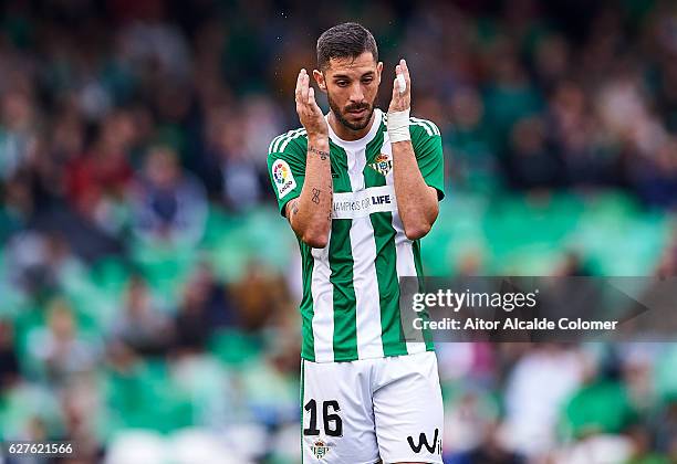 Alvaro Cejudo of Real Betis Balompie reacts during La Liga match between Real Betis Balompie an RC Celta de Vigo at Benito Villamarin Stadium on...