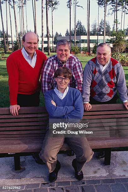 Microsoft co-founder and CEO Bill Gates with other Microsoft executives: Steve Ballmer and Mike Maple .