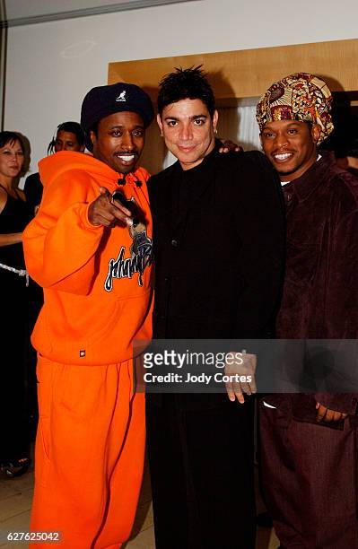 Eddie Griffith, Michael DeLorenzo, and MTV VJ Sway arrive at the Warner Music Group and Entertainment Weekly post-Grammy party.