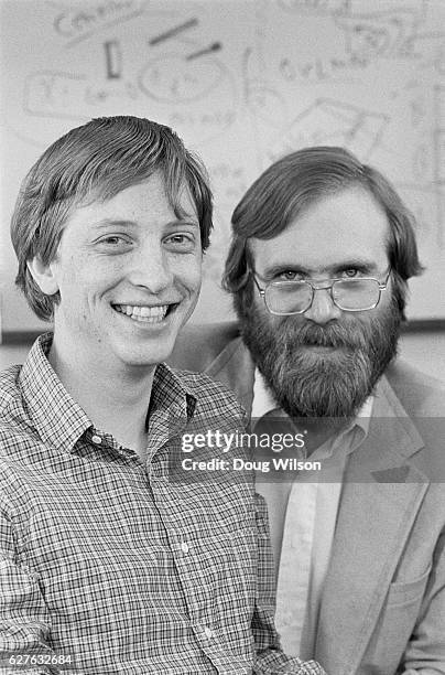 Microsoft founders Bill Gates and Paul Allen in 1983 just after completing MS Dos for the Tandy laptop and signing a contract to write MS Dos for...