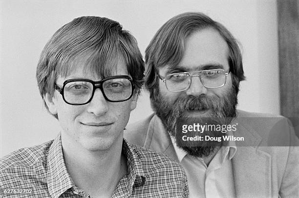 Microsoft founders Bill Gates and Paul Allen in 1983 just after completing MS Dos for the Tandy laptop and signing a contract to write MS Dos for...
