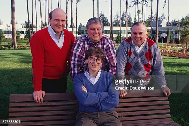 Microsoft co-founder and CEO Bill Gates with other Microsoft executives: Steve Ballmer and Mike Maple .
