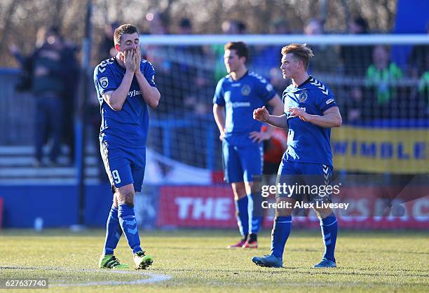 Niall Cummins of Curzon Ashton reacts as Tom Elliott of AFC Wimbledon scores their fourth goal during the Emirates FA Cup second round match between...