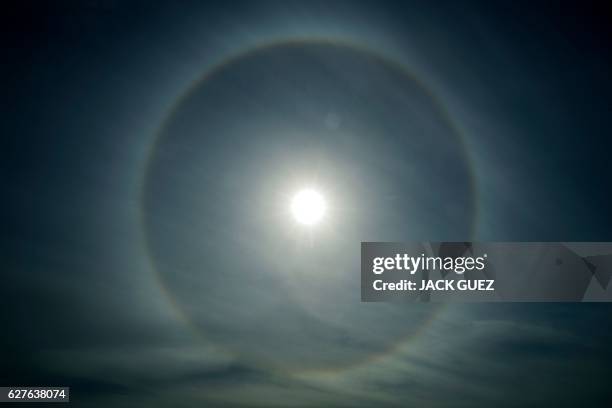 Picture taken on December 04, 2016 near the Israeli kibbutz of Nahsholim shows a halo around the sun. - The optical phenomena is produced by light...