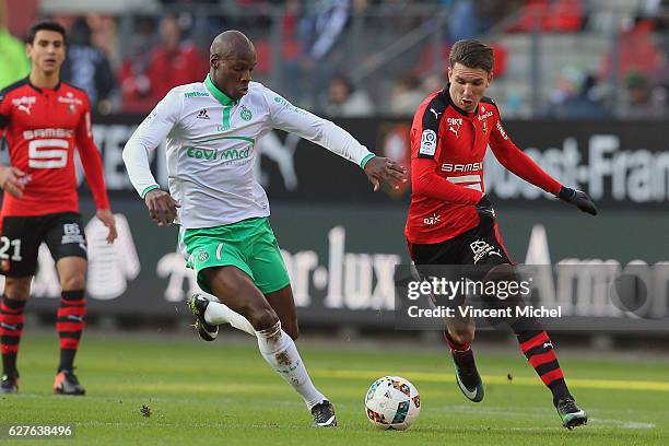 Adrien Hunou of Rennes and Bryan Dabo of Saint-Etienne during the Ligue 1 match between Stade Rennais and AS Saint-Etienne at Roazhon Park on...