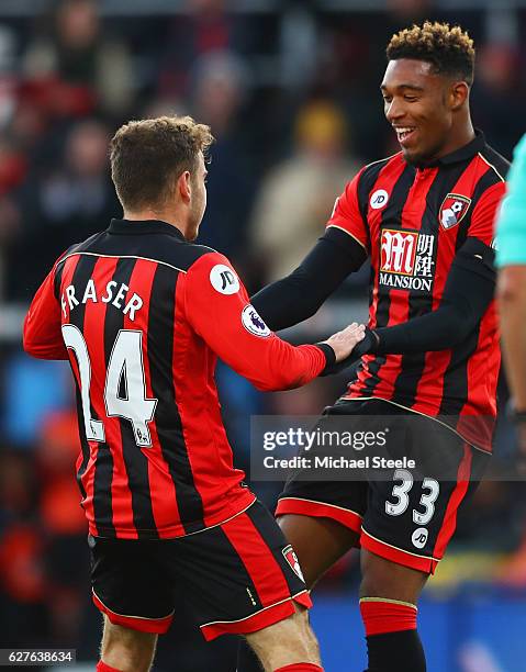 Ryan Fraser of AFC Bournemouth celebrates with Jordan Ibe as he scores their second goal during the Premier League match between AFC Bournemouth and...