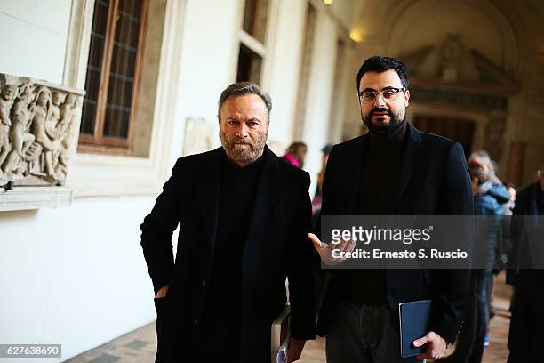 Franco Nero and Gabriele Tini attend the Songs Of Stone' By Gabriele Tinti at Museo Nazionale Romano Palazzo Altemps on December 4, 2016 in Rome,...