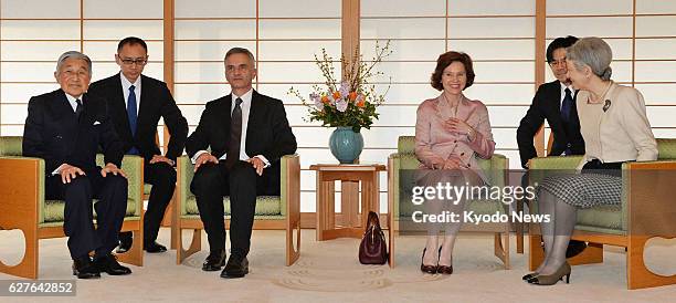 Japan - Emperor Akihito , Swiss President Didier Burkhalter , Burkhalter's wife and Empress Michiko meet at the Imperial Palace in Tokyo on Feb. 3,...