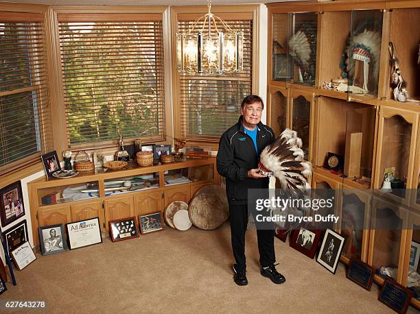 William Mervin "Billy" Mills, also known as Makata Taka Hela, is the second Native American to win an Olympic gold medal, is photographed for...