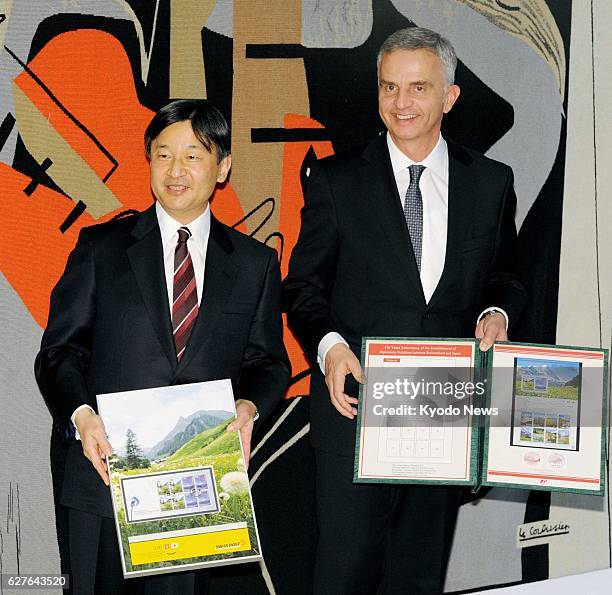 Japan - Japan's Crown Prince Naruhito and Swiss President Didier Burkhalter attend an event to mark 150 years of diplomatic ties between Japan and...