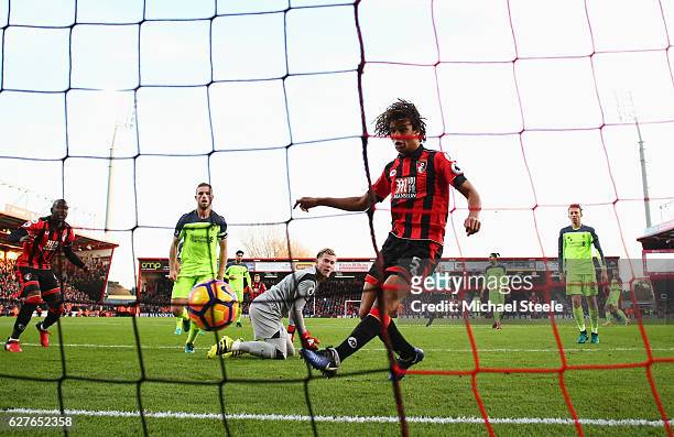 Nathan Ake of AFC Bournemouth scores their fourth goal during the Premier League match between AFC Bournemouth and Liverpool at Vitality Stadium on...