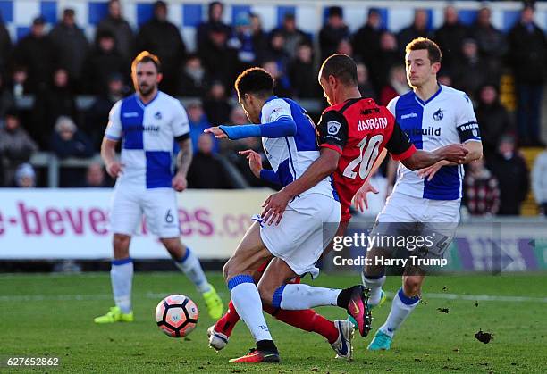 Byron Harrison of Barrow FC scores his sides second goal during the Emirates FA Cup Second Round match between Bristol Rovers and Barrow FC at the...