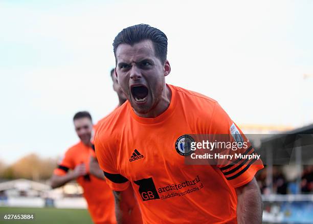 Jordan Sinnott of FC Halifax celebrates scoring his teams first goal during the Emirates FA Cup Second Round match between Eastleigh FC and FC...