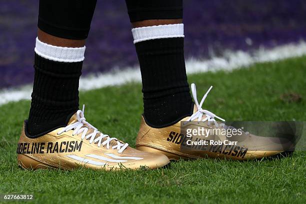 Detail view of the cleats of cornerback Jimmy Smith of the Baltimore Ravens prior to a game against the Miami Dolphins at M&T Bank Stadium on...