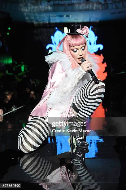 Madonna on stage during her Evening of Music, Art, Mischief and Performance to Benefit Raising Malawi at Faena Forum on December 3, 2016 in Miami...