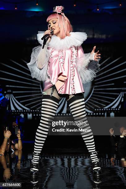 Madonna on stage during her Evening of Music, Art, Mischief and Performance to Benefit Raising Malawi at Faena Forum on December 3, 2016 in Miami...