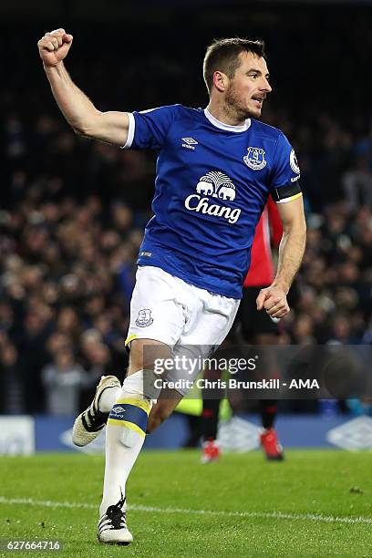 Leighton Baines of Everton celebrates scoring an equalising goal from a penalty to make the score 1-1 during the Premier League match between Everton...