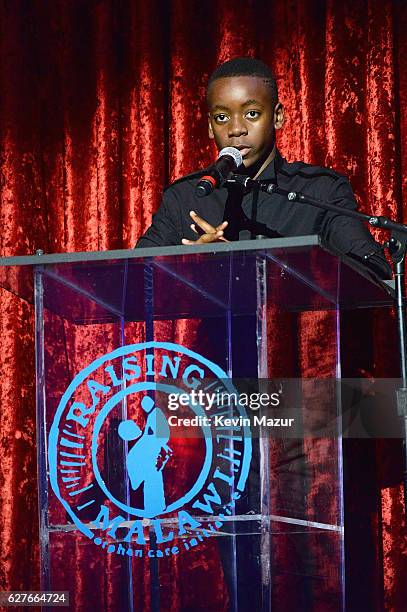 David Banda speaks on stage during Madonna presents An Evening of Music, Art, Mischief and Performance to Benefit Raising Malawi at Faena Forum on...