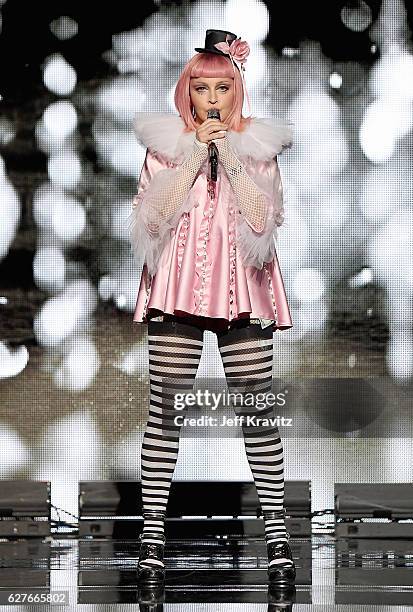 Madonna on stage during her Evening of Music, Art, Mischief and Performance to Benefit Raising Malawi at Faena Forum on December 2, 2016 in Miami...