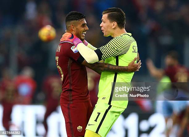 Emerson Palmieri of AS Roma and Wojciech Szczesny of AS Roma celebration after the goal of 2-0 during the Italian Serie A football match between S.S....