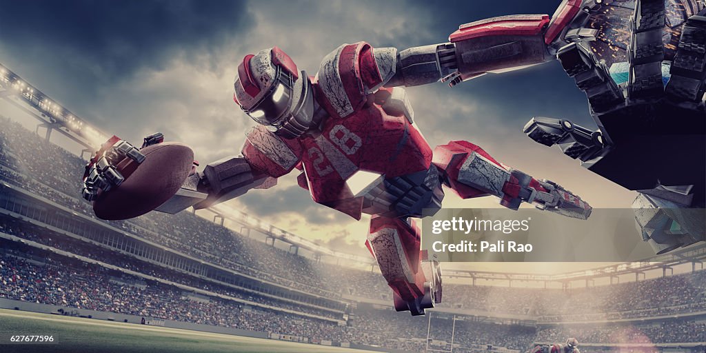 Futuristic American Football Robot Running With Ball During Game