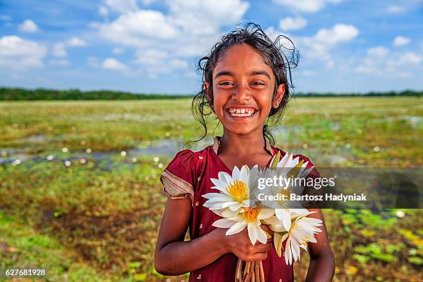 sri lankan little girl with lotus flowers - sigiriya stockfoto's en -beelden