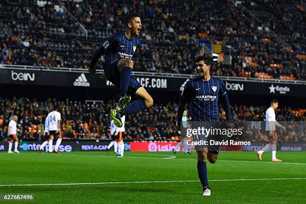 Pablo Fornals of Malaga CF celebrates after scoring his team's first goal during the La Liga match between Valencia CF and Malaga CF at Mestalla...