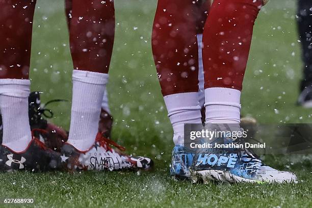 Torrey Smith and Vance McDonald of the San Francisco 49ers wear cleats for the My Cause, My Cleats " campaign at Soldier Field on December 4, 2016 in...