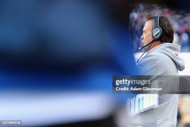 Head coach Jeff Fisher of the Los Angeles Rams looks on during the game against the New England Patriots at Gillette Stadium on December 4, 2016 in...