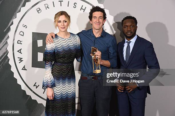 Laura Carmichael, Joakim Sundstrom and Arnold Oceng pose at The British Independent Film Awards Old Billingsgate Market on December 4, 2016 in...