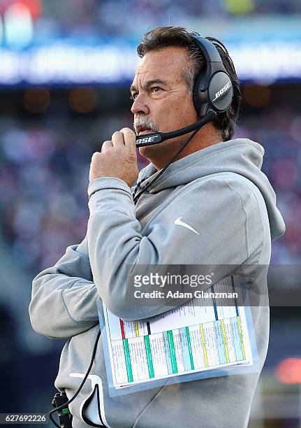 Head coach Jeff Fisher of the Los Angeles Rams looks on during the game against the New England Patriots at Gillette Stadium on December 4, 2016 in...