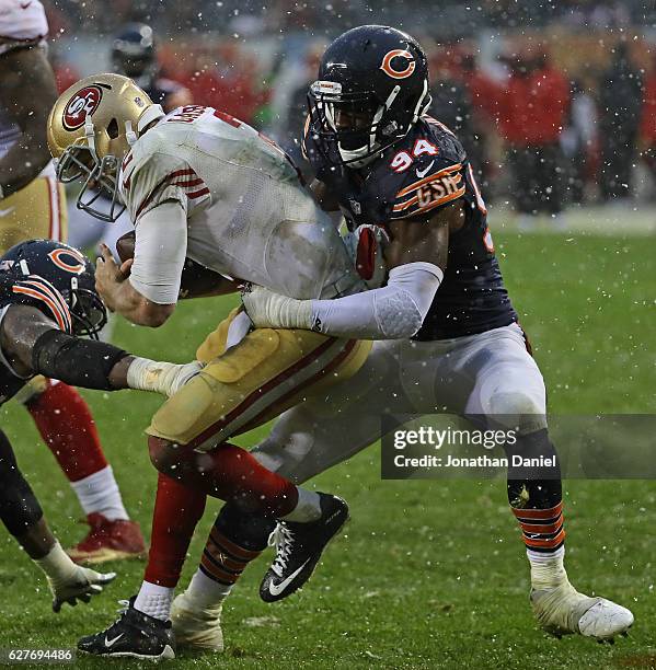 Leonard Floyd of the Chicago Bears sacks Blaine Gabbert of the San Francisco 49ers in the end zone for a safety at Soldier Field on December 4, 2016...