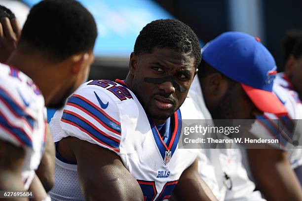 Reggie Bush of the Buffalo Bills sits on the sideline during their NFL game against the Oakland Raiders at Oakland Alameda Coliseum on December 4,...