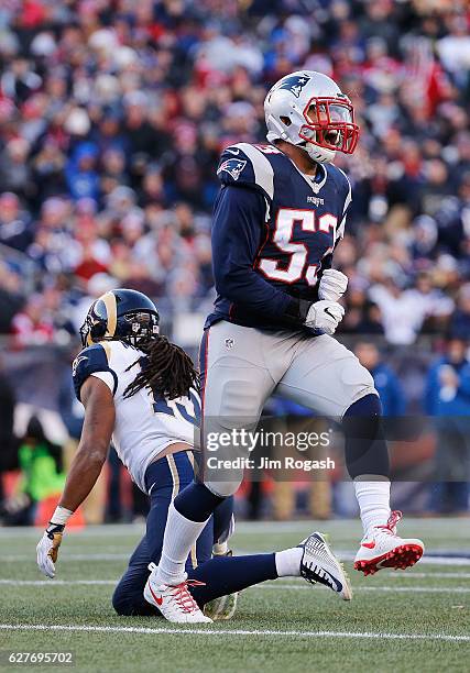 Kyle Van Noy of the New England Patriots reacts during the second half against the Los Angeles Rams at Gillette Stadium on December 4, 2016 in...