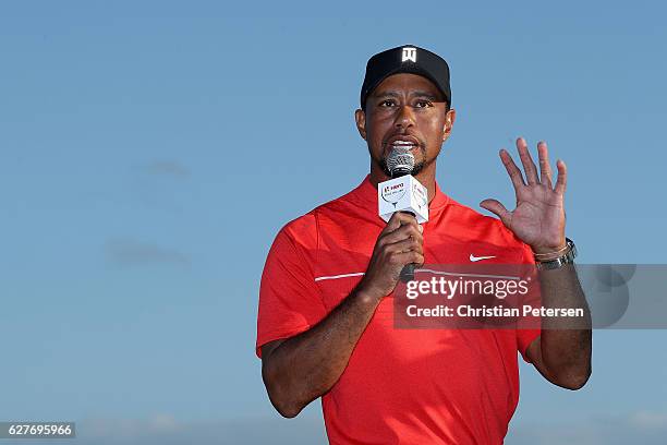 Tiger Woods of the United States speaks to the fans following the final round of the Hero World Challenge at Albany, The Bahamas on December 4, 2016...
