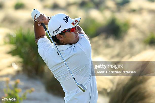 Hideki Matsuyama of Japan hits a tee shot on the 17th hole during the final round of the Hero World Challenge at Albany, The Bahamas on December 4,...