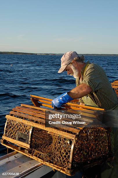 lobsterman checking lobster trap - fishing boat profile stock pictures, royalty-free photos & images