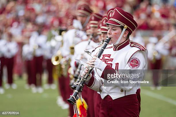 The Marching Chiefs perform during the game between the Florida State Seminoles and the Charleston Southern Buccaneers at Doak Campbell Stadium in...