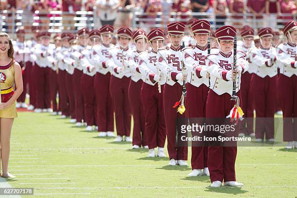 The Marching Chiefs and majorettes perform during the game between the Florida State Seminoles and the Charleston Southern Buccaneers at Doak...